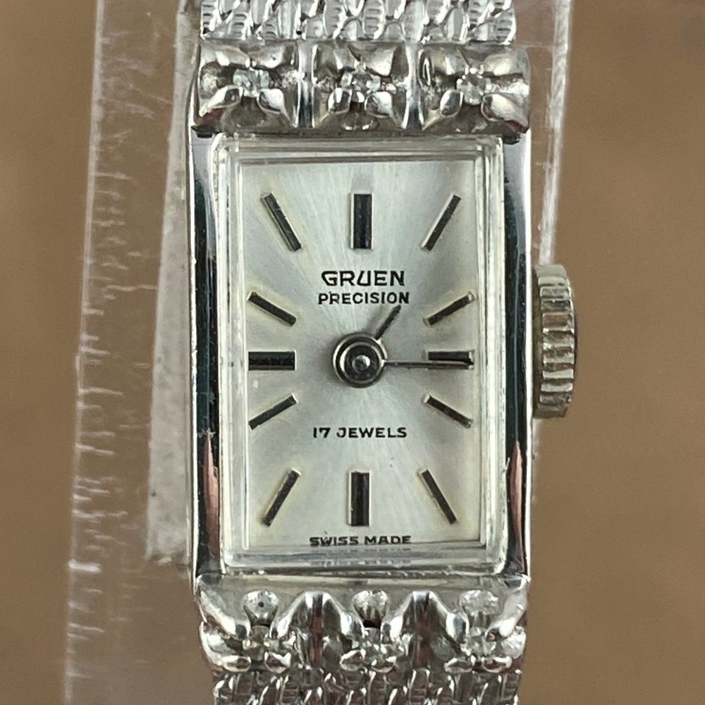 Vintage Gruen 17 Jewel 1950's Mid Century Ladies Diamond Watch 10K Gold Filled